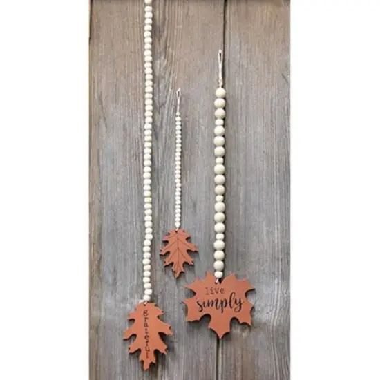 Set of 3 Rustic Brown Wood Beaded Fall Leaves Wall Hangings Garland Farmhouse Autumn Home Decor {3}