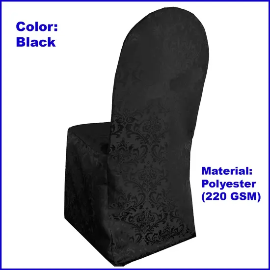 Black Floral Damask Jacquard Chair Cover, Elegant Polyester Banquet Slipcover {1}