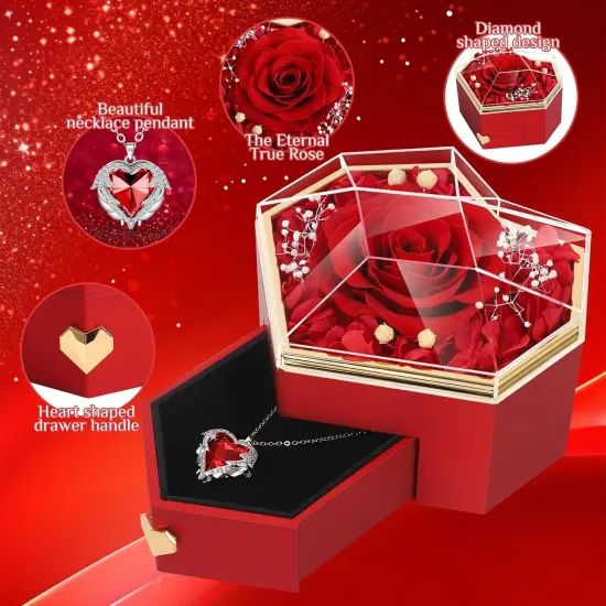 Preserved Red Real Rose with Necklace Forever Flowers Diamond Shaped Box {2}