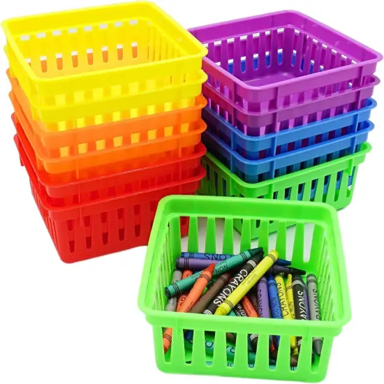 4E's Novelty 12 Pack Small Classroom Storage Baskets, Square 4.5" Sturdy Plastic Colorful Crayon & Pencil Container, Organizer Bins for Desk for Classrooms Supplies, Office, Toy Storage {1}