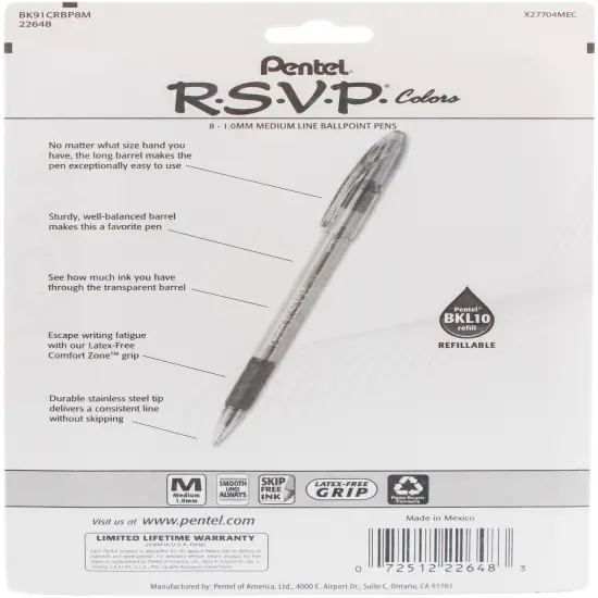 Pentel R.S.V.P. Medium Ballpoint Pens 8/Pkg-Assorted Colors {3}