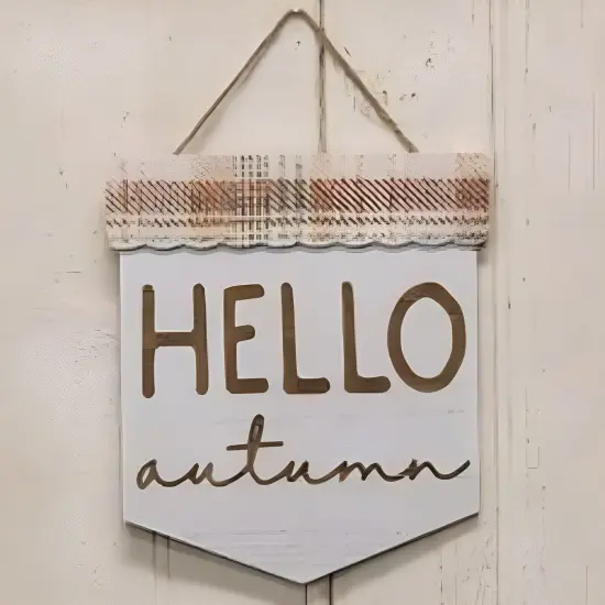 Wooden Pennant Sign with Jute Rope Wall Hanging Decor Hello Autumn Plaid {2}