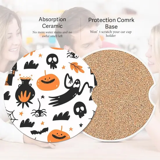 2 Pack Car Cup Holder-Halloween Pumpkins Coasters Absorbent Ceramic Coaste {3}