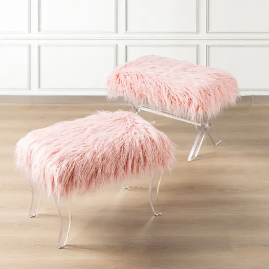 24.00"L/25.50"L Pink Faux Fur Acrylic Bench {1}