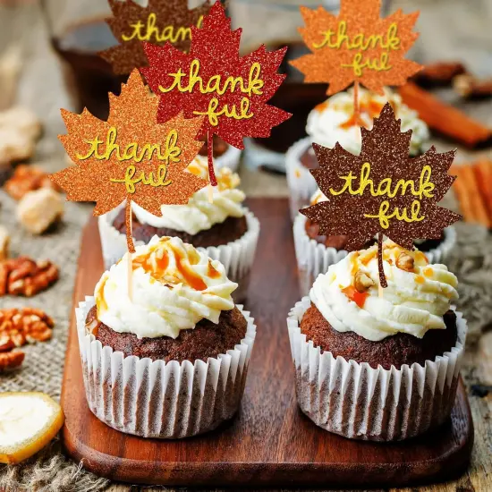 36Pcs Glitter Fall Cupcake Topper Maple Leaf {2}