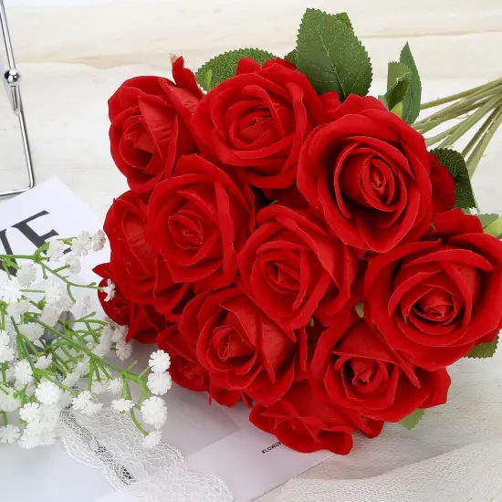 12 Pcs Red Roses Artificial Flowers, Fake Velvet Silk Roses in Bulk {4}