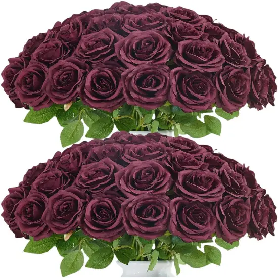 50pcs Roses Artificial Flowers Bulk,Burgundy Fake Roses Silk Flower {1}