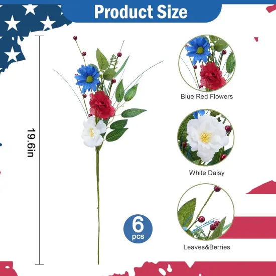 6 Pcs 4th of July Decorations Patriotic Memorial Bouquet 19.69'' Red White and Blue Decorations Flowers with Pampas Patriotic Decor for Easter Independence Day {2}