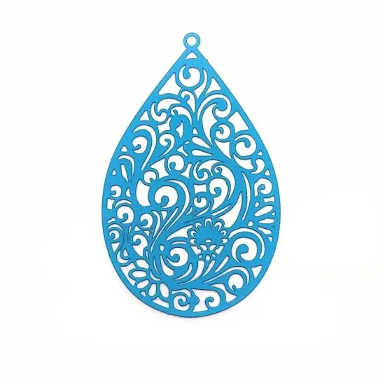 Large Light Blue Filigree Teardrop Pendants, 55x34mm {1}