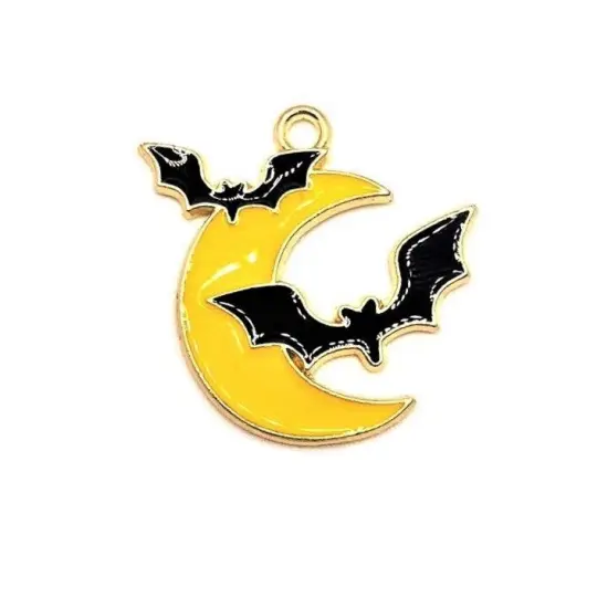 Enamel Crescent Moon and Bat Halloween Charms, 25x24mm {2}