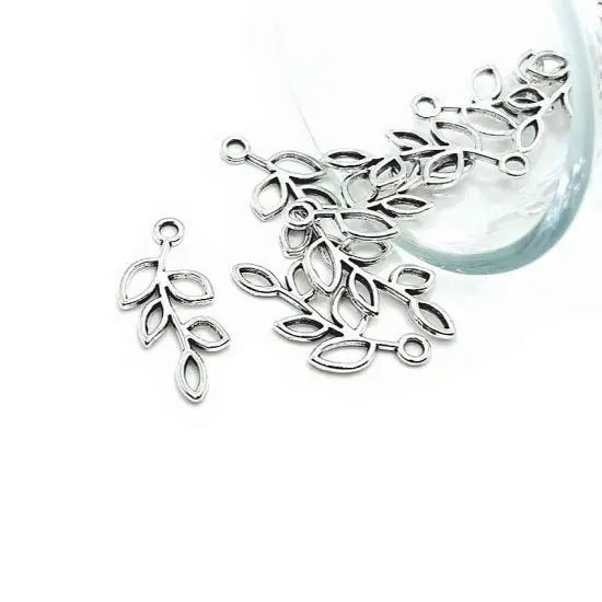 Small Antiqued Silver Tree Branch Charm, Leaf Connector, 25x11mm {1}