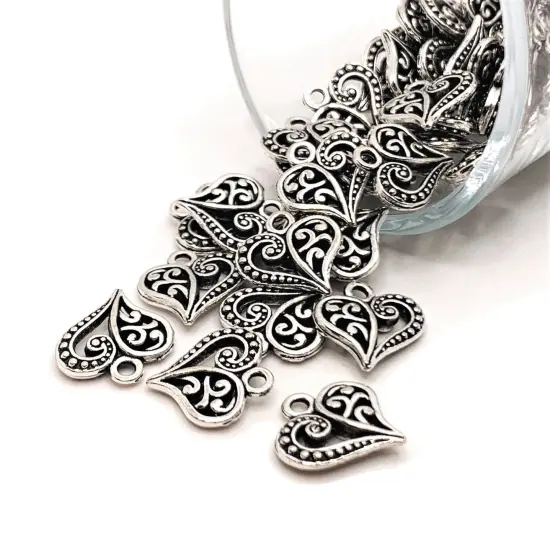 Antiqued Silver Scroll Heart Charms, 14x13mm {1}