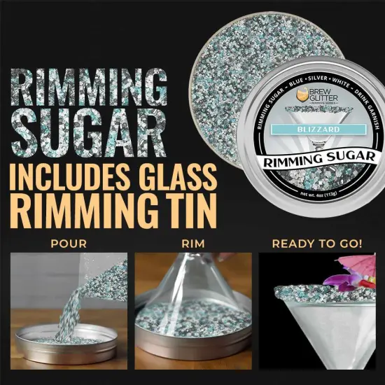 Brew Glitter - Blizzard Rimming Sugar (4oz, 1x Bar Tin) Cocktail Garnish for Mixed Drinks & Refreshments {5}