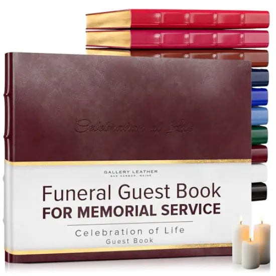 Gallery Leather Guest Book Funeral, Celebration of Life, Memorial, 192 Lined Pages, Bonded Leather, Hardcover Acadia Burgundy {1}