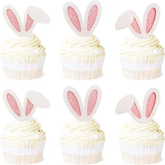 24 Pack Easter Bunny Ear Cupcake Toppers, Glitter Rabbit Ears Cupcake Picks, Easter Day Cake Toppers for Easter Theme Spring Birthday Baby Shower Party Supplies {1}