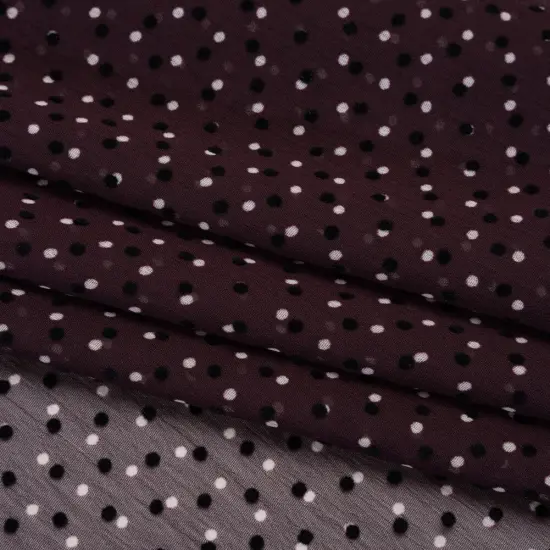 1 Yard Burgundy Crinkled Polyester Chiffon Flocked Dots Little Black & White Polka Dots 57 Inch Wide {1}