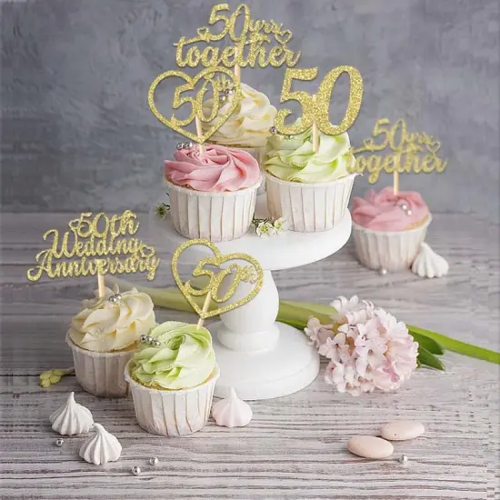 24Pcs 50th Wedding Anniversary Cupcake Toppers - Gold {5}