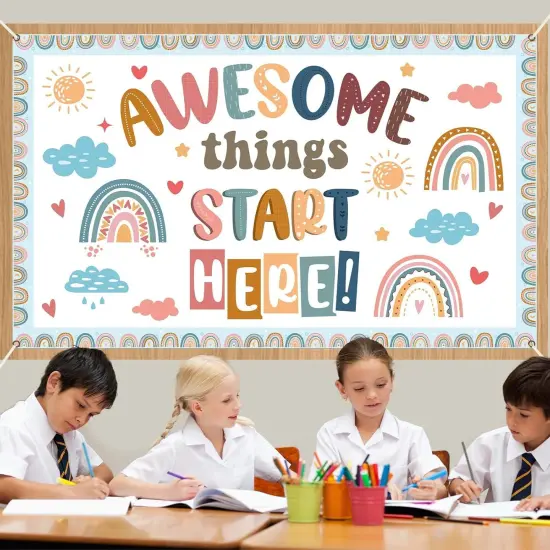 Back to School Classroom Decorations Boho Motivational Inspirational Quotes Backdrop Awesome Things Start Here Hanging Banner Photo Booth Props Background for School Hallway Home Wall Decor {5}