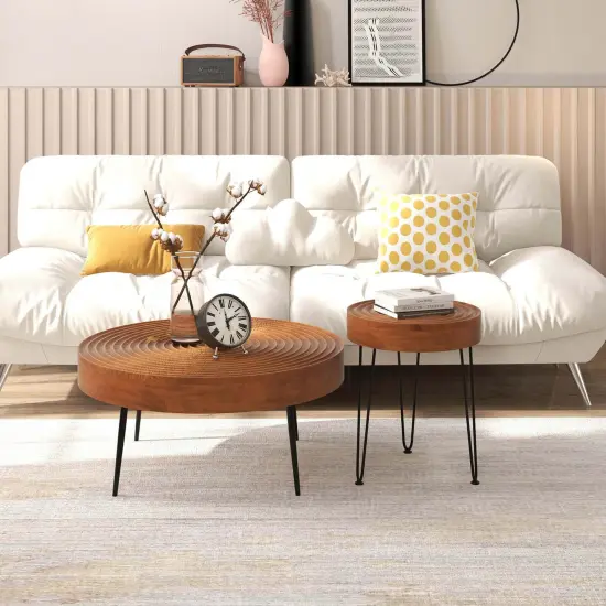 Costway Farmhouse Round CoffeeTable Set of 2 End Table Natural Finish for Living Room Brown/Natural {2}