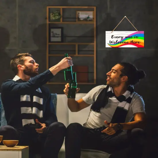 Everyone Is Welcome Here Door Sign - 6"x12" Rainbow Gay Lesbian Pride Welcome Sign Door Decorations LGBTQ Door Hanging Sign for Home School Office Party Wall Front Door Decor {3}