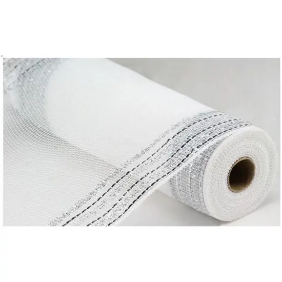 10" Border Stripe Faux Jute Mesh Ribbon: White/Silver (10 Yards) {1}