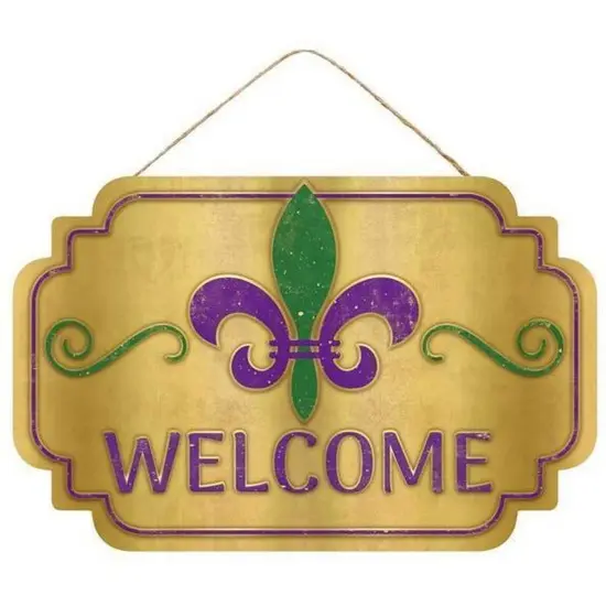 12" Wooden Sign: Mardi Gras Welcome {1}
