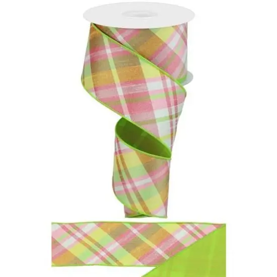 2.5" Diagonal Plaid Fused Ribbon: Spring Green (10 Yards) {3}