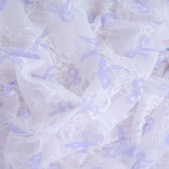 Digital Bow Lace Print Fabric 1 Yard Soft Stretch Lightweight 56/58" Wide IVORY/LAVENDER {2}