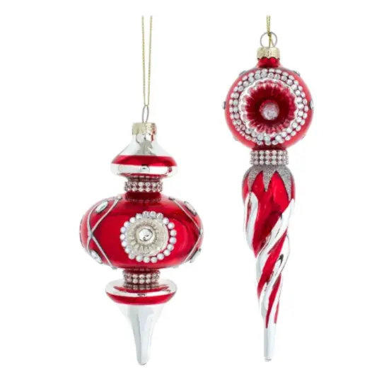 6.5-8.5" Glass Finial Ornaments, Set of 2 in Red & Silver - Elegant Christmas Tree Decorations {1}