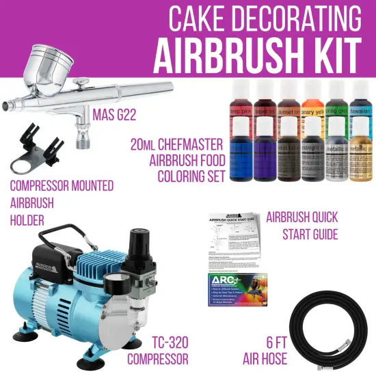 Cake Decorating Airbrushing System Kit with a 12 Color Chefmaster Food Coloring Set - G22 Gravity Feed Airbrush, Air Compressor, Guide Booklet {2}