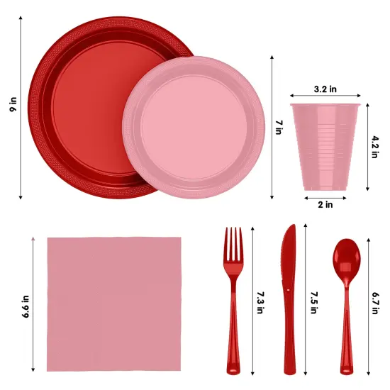 Exquisite 350 Pcs Plastic Plates for Party &ndash; Disposable Plates Set &ndash; 50 Each of 9" Dinner Plates, 7" Dessert Plates, Plastic Cups, Napkins & Plastic Cutlery &ndash; Plastic Dinnerware by Party Solids Pink & Red {2}