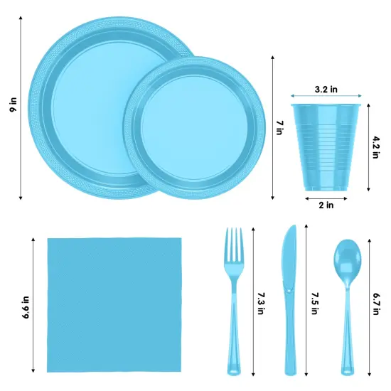 Exquisite 350 Pcs Plastic Plates for Party &ndash; Disposable Plates Set &ndash; 50 Each of 9" Dinner Plates, 7" Dessert Plates, Plastic Cups, Napkins & Plastic Cutlery &ndash; Plastic Dinnerware by Party Solids Light Blue {2}