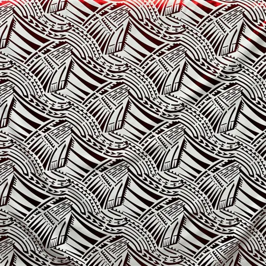 1 Yard Polynesian Traditional Pattern Foil Fabric Shiny Polyester 60 Inches Wide Black & Red {4}