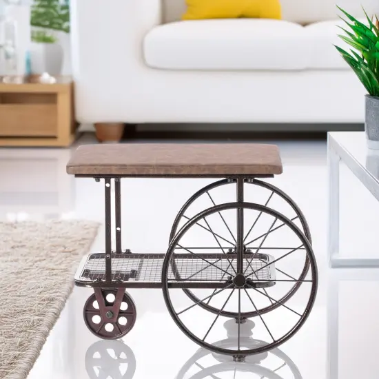 Vintiquewise Industrial Wagon Style Coffee Table with Rustic Wood Top Large Spoke Rolling Wheels Mesh Shelf Functional End Table and Magazine Holder for Living Room Lounge Office Den or Home Bar {3}