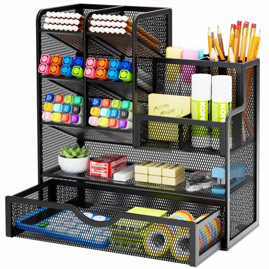 Marbrasse Mesh Pen Holder for Desk, Multi-Functional Pencil Organizer with Drawer, Desk Organizers and Accessories for Office Art Supplies (Black) {1}