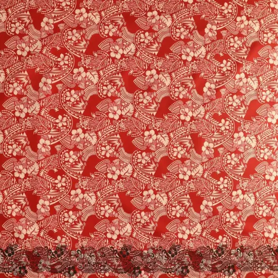 1 Yard Polynesian Hibiscus & Plumeria Flowers Traditional Tattoo Fabric Single Border Poly Cotton 45 Inches Wide Grey {2}