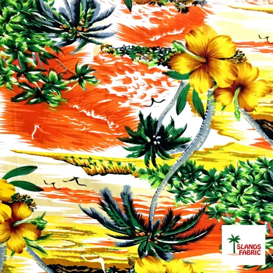 1 Yard Hibiscus Hawaiian Sunset Peachskin Fabric with Island Beach Scene 45 Inch Width Blue {3}