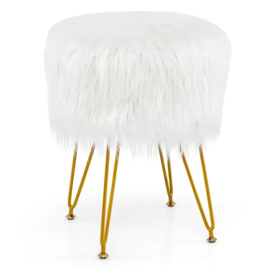 Costway Faux Fur Vanity Chair Makeup Stool Furry Padded Seat Round Ottoman Pink/White {1}