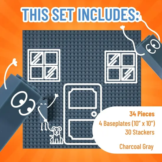 Strictly Briks 4 Pack Classic Stackable Baseplates 10x10 in, Building Bricks Plates with 32 x 32 Studs, Towers, Shelves, 100% Compatible with All Major Brands, 4 Plates & 30 Stackers, Charcoal Gray Black {3}