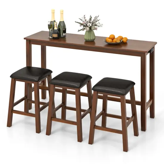 4-Piece Bar Table Set Counter-Height Table and 3 PVC Leather Upholstered Bar Stools-Brown {4}