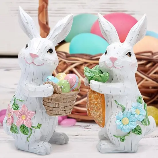 White Rabbit Decorations (Bunny Couple) - Handmade Easter Tabletop Decor, Spring Home Holiday Gifts for Kids & Family, Patented Design - 2PCS {4}
