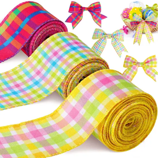 15 Yards Easter Plaid Ribbon 3 Roll 2 Inch Pastel Wired Ribbon Spring Gingham Fabric Ribbon for Gift Wrapping DIY Craft Birthday Wedding Baby Shower {1}