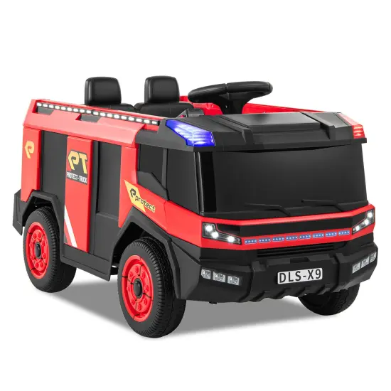 Red 12V Electric Kids Ride-On Fire Truck 2-Seater with Remote Control, Water Gun, and Siren-Red {1}