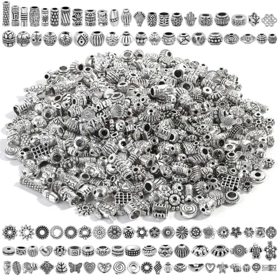 500 Pcs Bracelet Spacer Beads, Silver Bulk Random Styles Loose Spacer Metal Charm for Necklace, Earring Making DIY Jewelry Accessories {2}