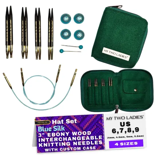 My Two Ladies | Blue Silk | Hat Set | 3" Ebony Interchangeable Knitting Needles | 4 Sizes | w/custom case {1}
