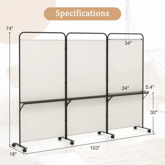 3-Panel Folding Room Divider with 3 Metal Shelves and Lockable Wheels White {5}