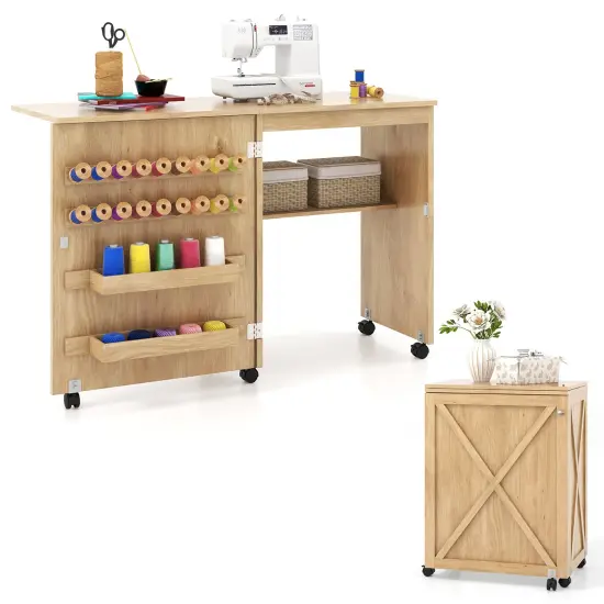 Space-Saving Folding Sewing Table Rolling Craft Station with Storage Pegs and Compartments Natural {4}