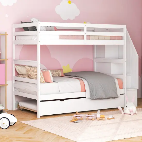 Twin Bunk Bed with Guard Rail and 4-Step Storage Stairs No Box Spring Needed White {3}