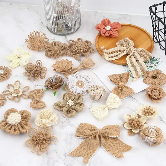 VGOODALL 32 PCS Natural Burlap Flowers Set, Burlap Bows and Scrapbook Embellishments for Wedding Party Decor Home, Embellishments for Crafts {4}