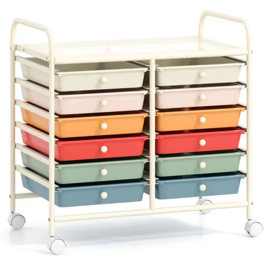12 Removable Drawers Rolling Storage Cart with 4 Universal Wheels and Metal Frame Transparent {11}